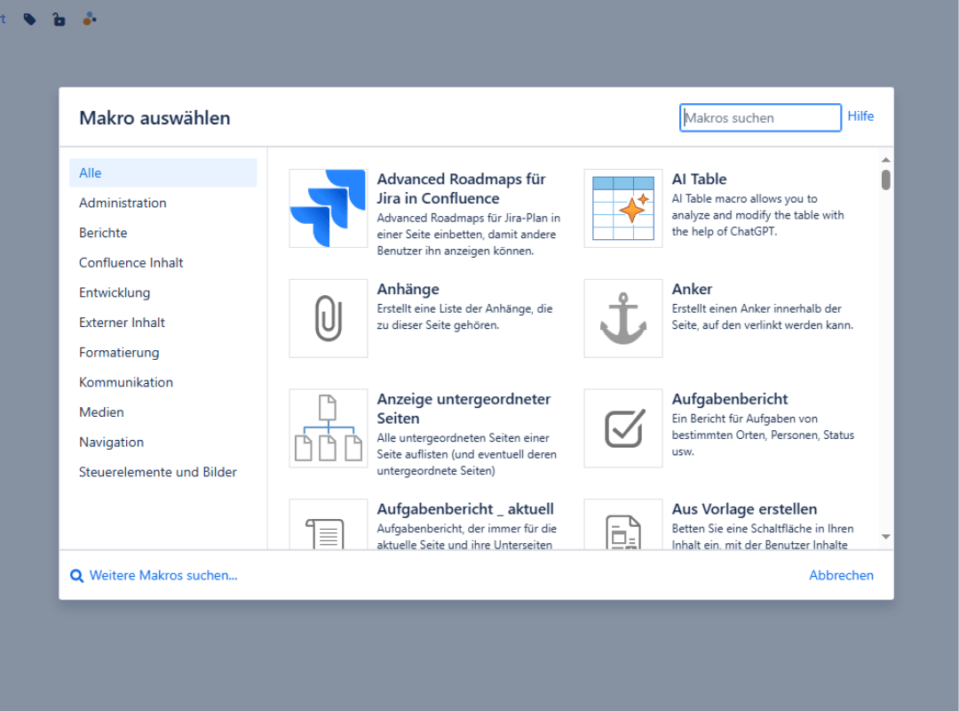 Makro-Auswahl in Confluence Data Center