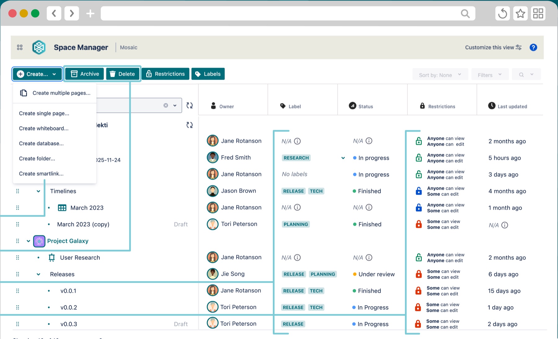 Mosaic Space Manager: Tabellenansicht mehrerer Confluence-Seiten mit Owner, Label, Status und Restrictions