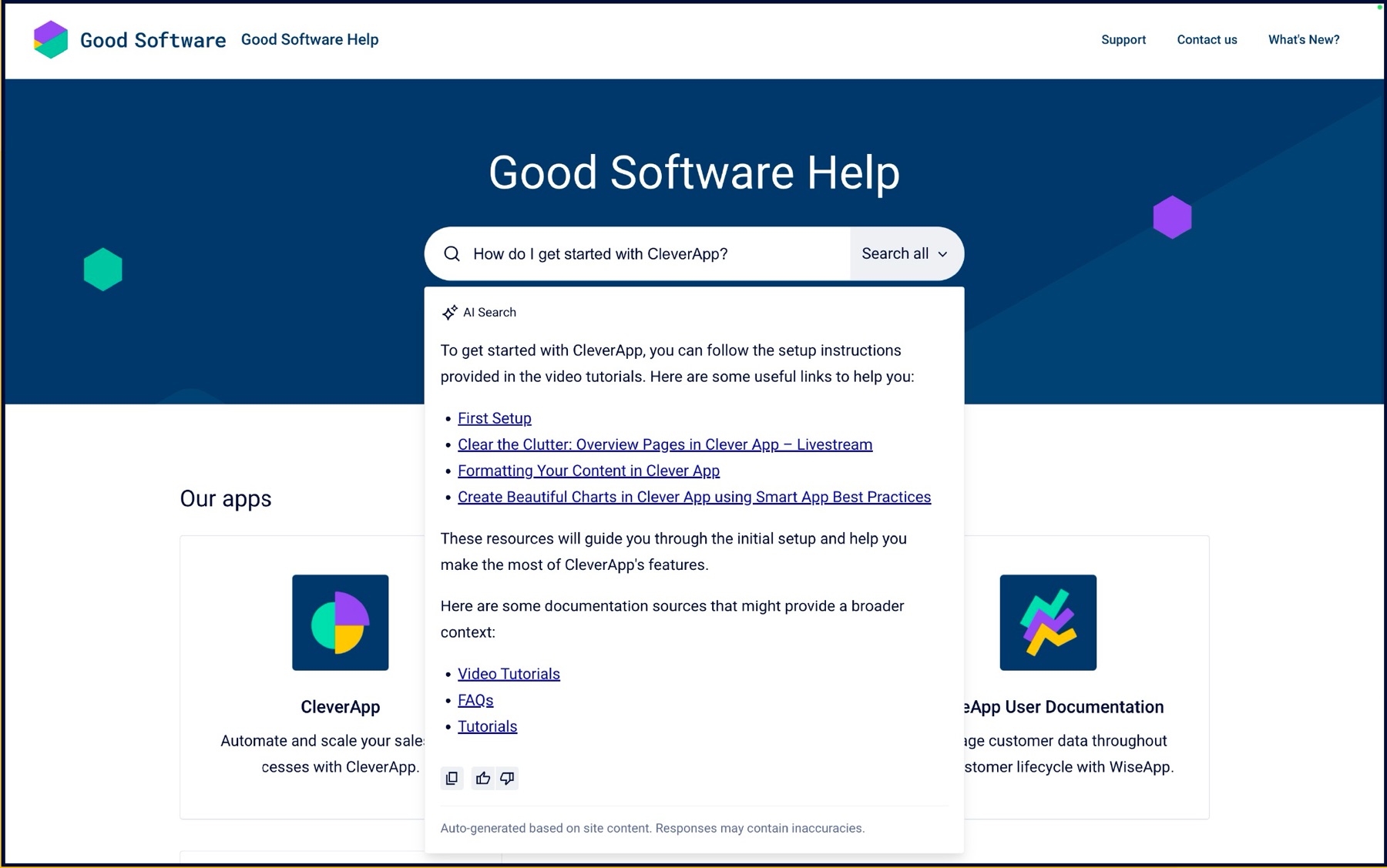 Mit Scroll Sites veröffentlichtes Help Center mit KI-gestützter Suche und eigenem Branding