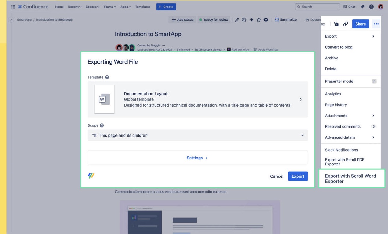 Scroll-Word-Exporter-Dialog in Confluence mit Vorlagenauswahl und Umfangseinstellung