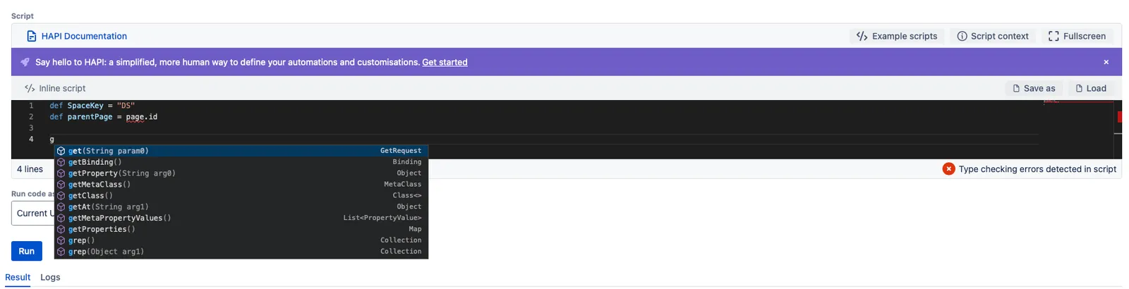 ScriptRunner Script Console mit Groovy-Code und Autocomplete-Vorschlägen